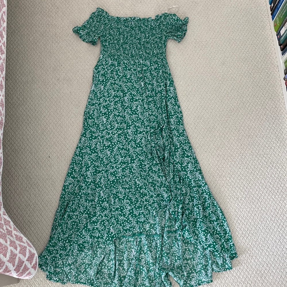 Green Over the Shoulder floral dress Lulus